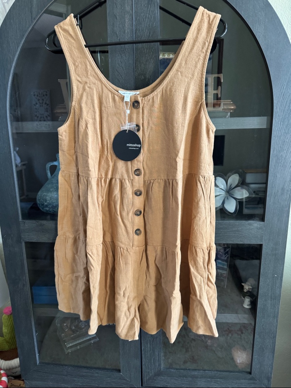 mittoshop Tiered Button Front Sleeveless romper in Camel